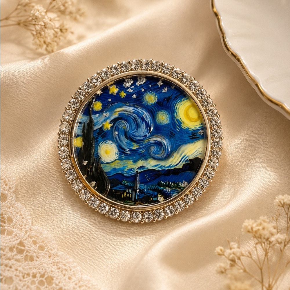 Van Gogh Starry Night Decorative Brooch Rhinestone Round Art Pin Blue Gold 1,75ø